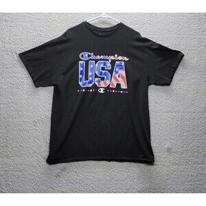 Champion Logo Shirt Black Casual Streetwear Red White Blue USA Size 1XL